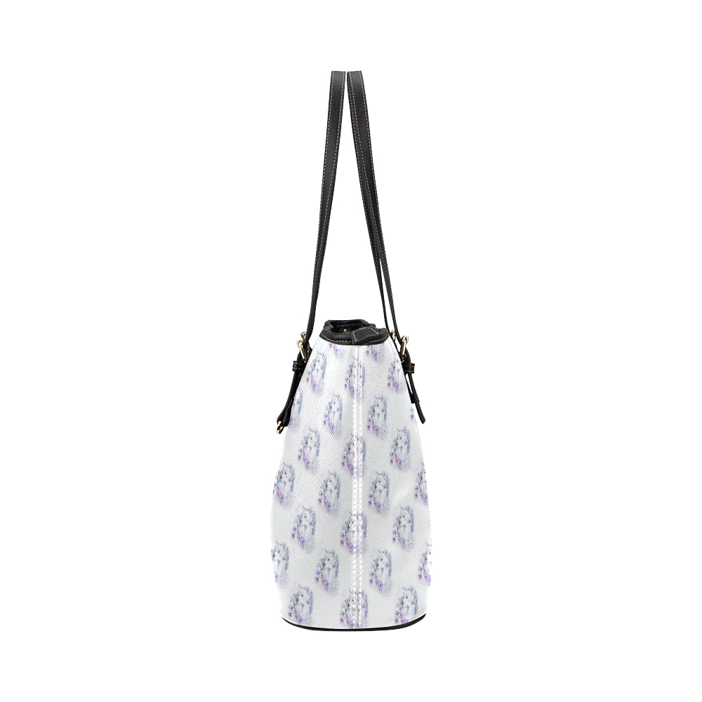 Wolf with Flower Print Design Leather Tote Bag