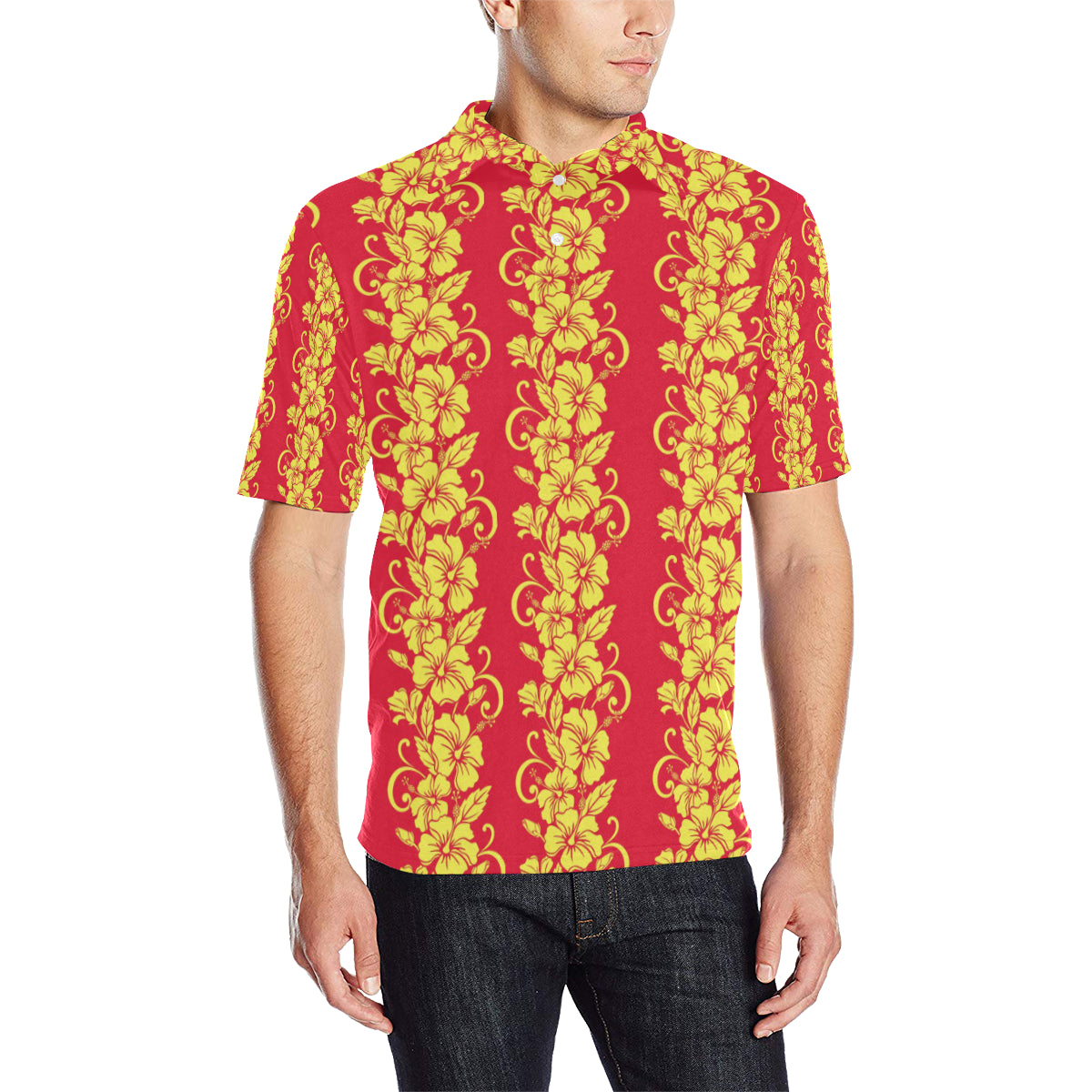 Orange Hibiscus Pattern Print Design HB018 Men Polo Shirt