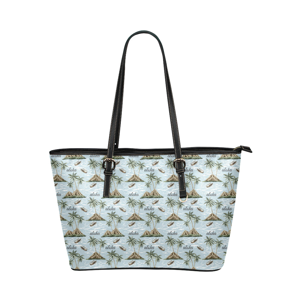 Aloha Hawaii island Design Themed Print Leather Tote Bag