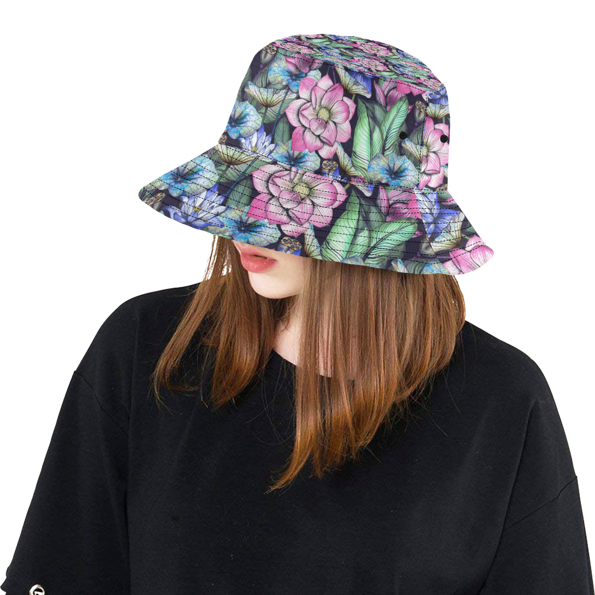 Water Lily Pattern Print Design WL07 Unisex Bucket Hat