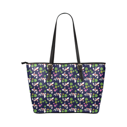 Koi Carp Pattern Design Themed Print Leather Tote Bag