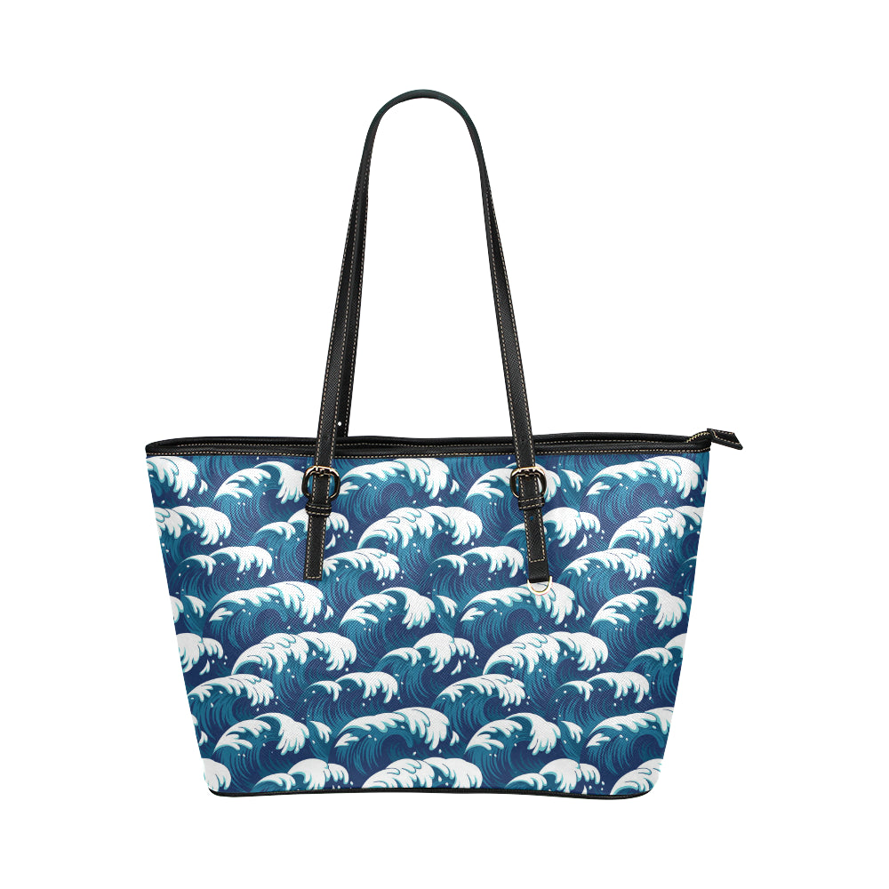 Ocean Wave Pattern Print Leather Tote Bag
