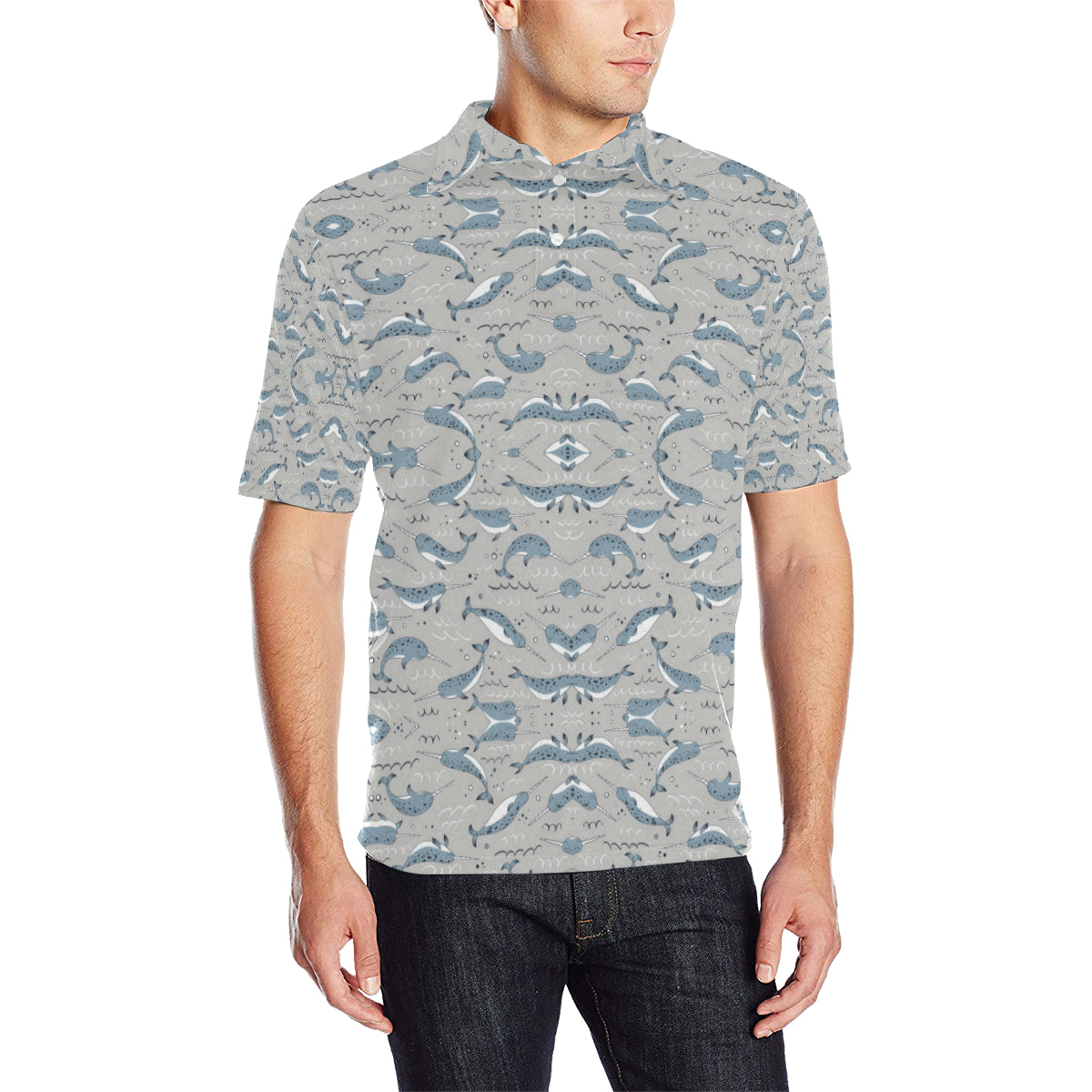 Narwhal Pattern Print Men Polo Shirt