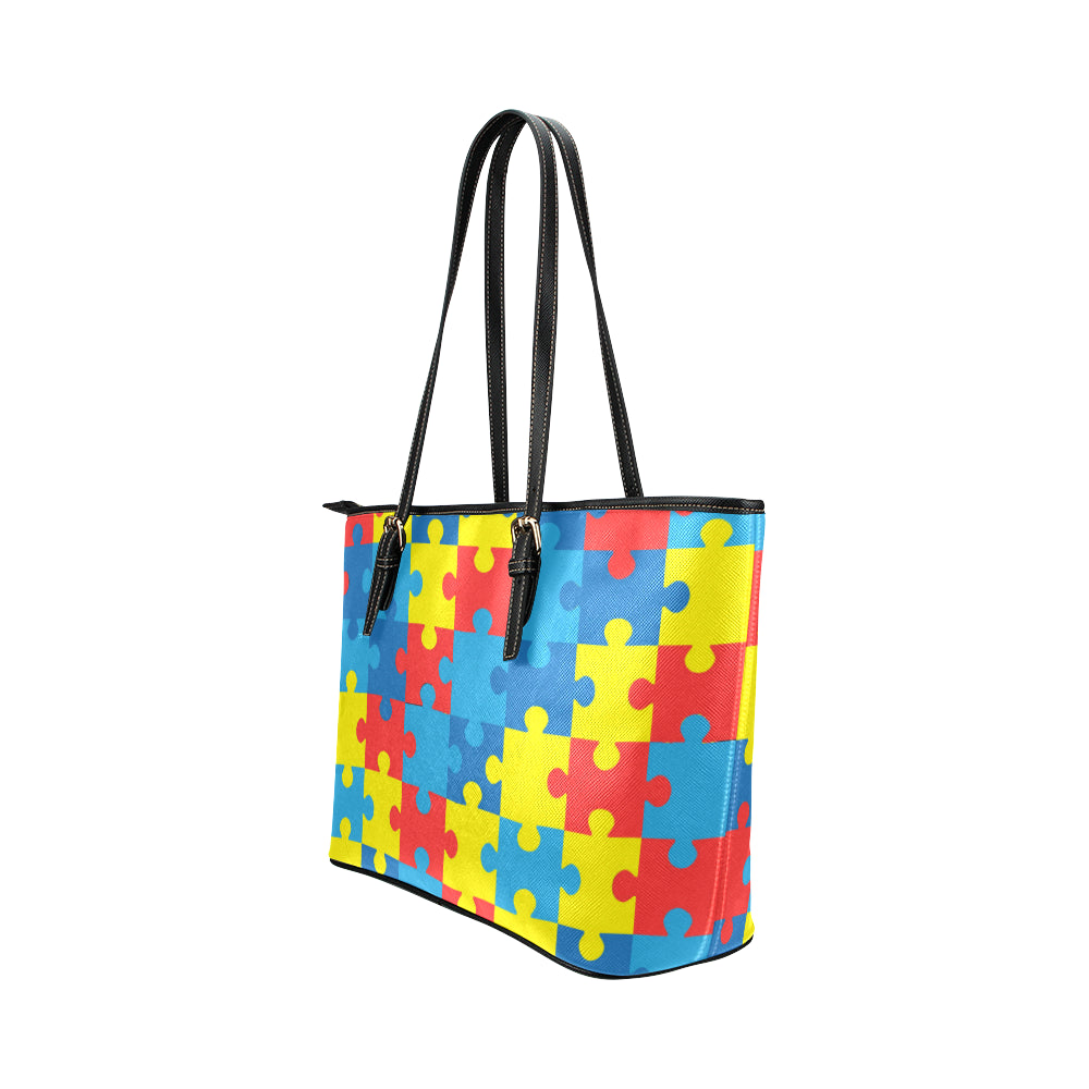 Autism Awareness Puzzles Design Print Leather Tote Bag
