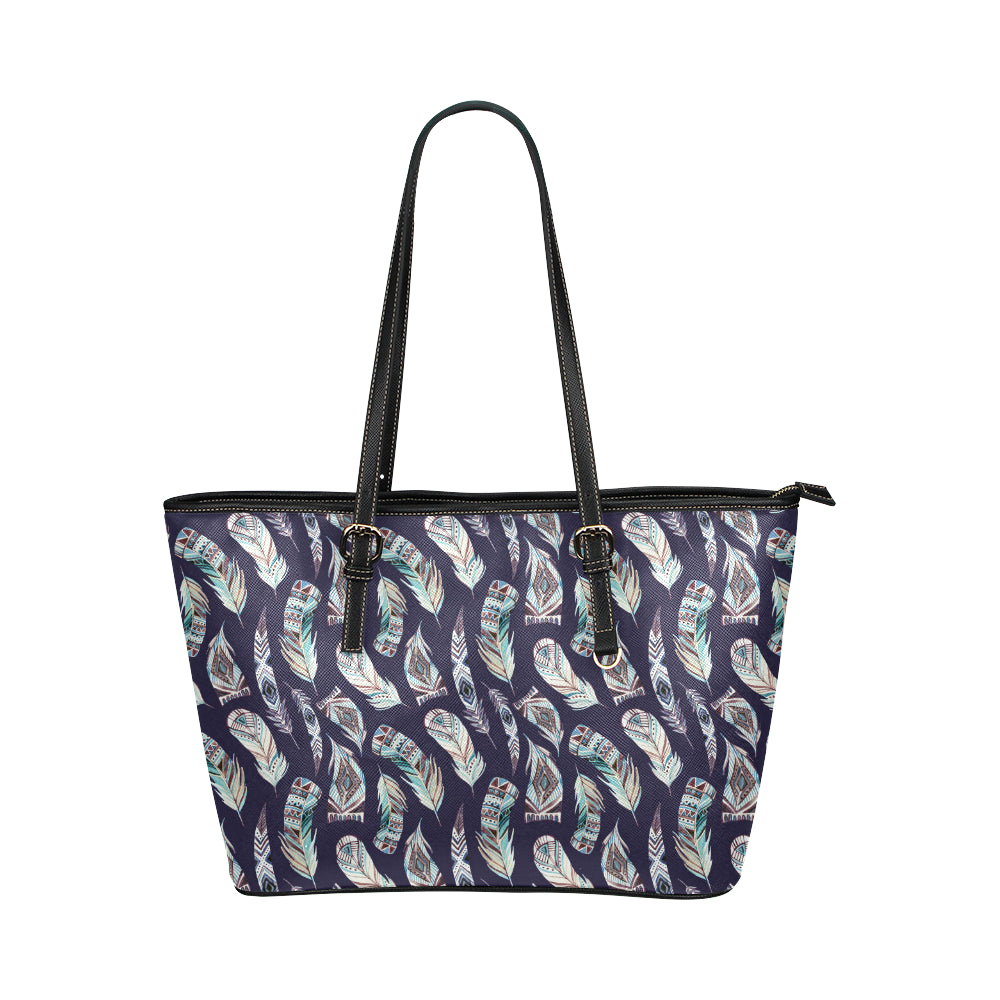 Feather Vintage Boho Design Print Leather Tote Bag