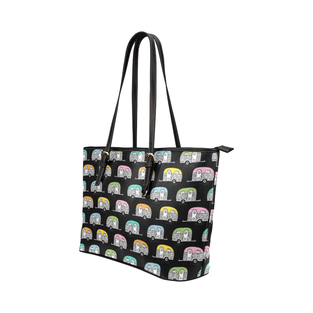 Camper Pattern Camping Themed No 2 Print Leather Tote Bag