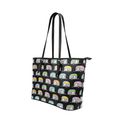 Camper Pattern Camping Themed No 2 Print Leather Tote Bag