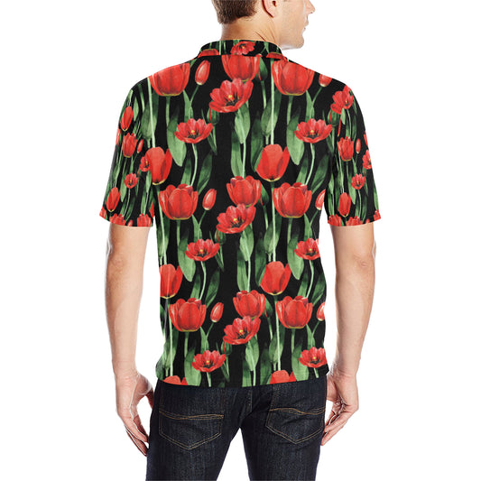 Tulip Red Pattern Print Design TP03 Men Polo Shirt