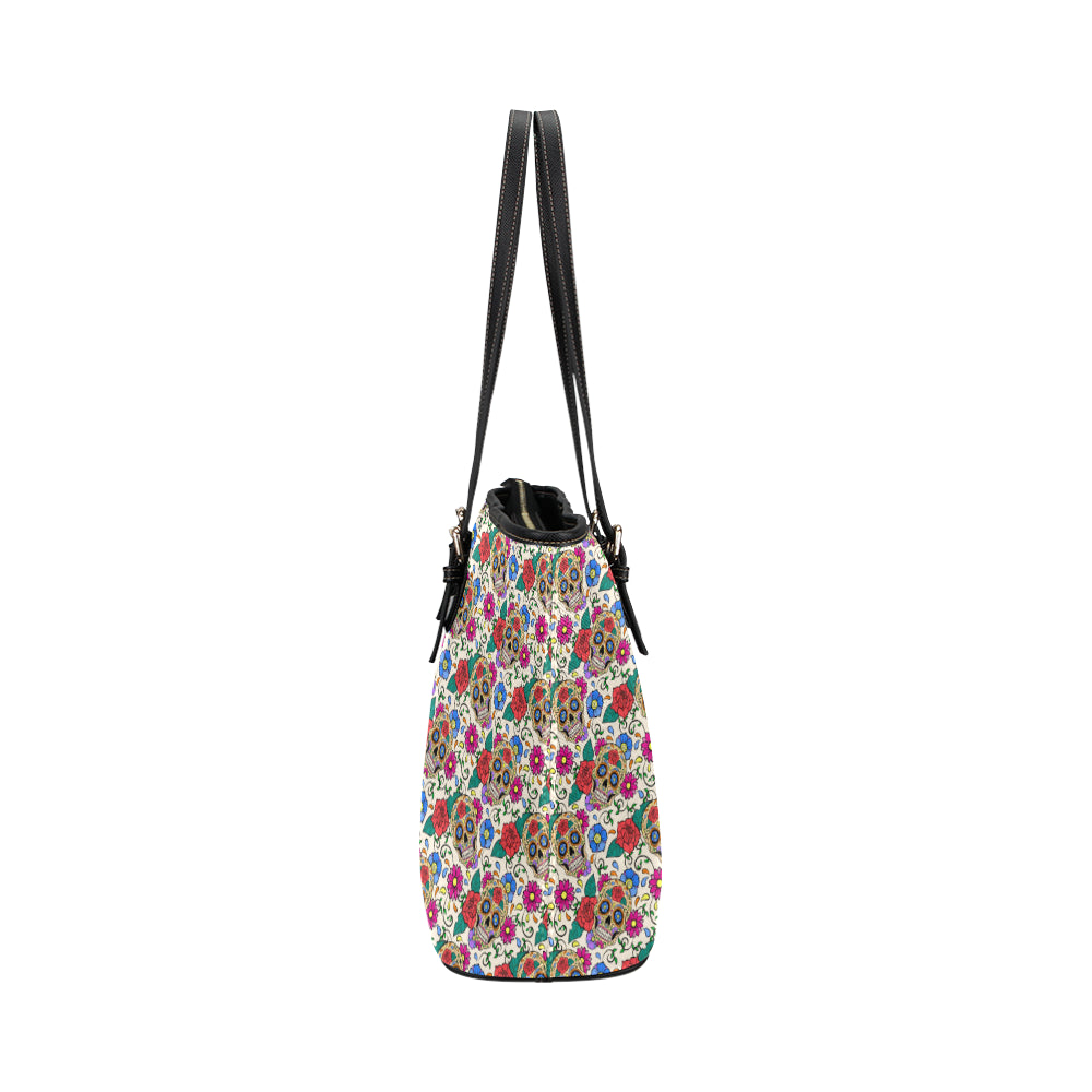 Sugar Skull Colorful Themed Print Leather Tote Bag