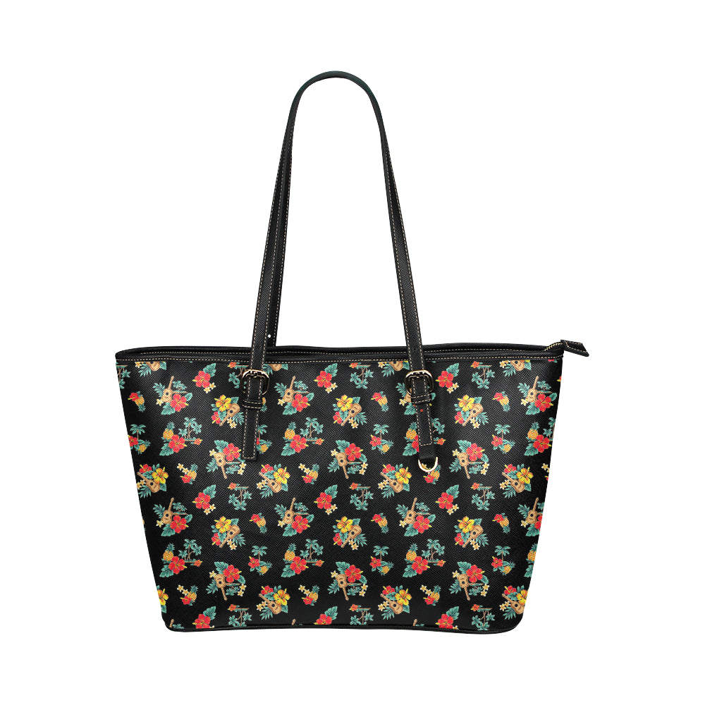 Hawaiian Flower Themed Print Leather Tote Bag