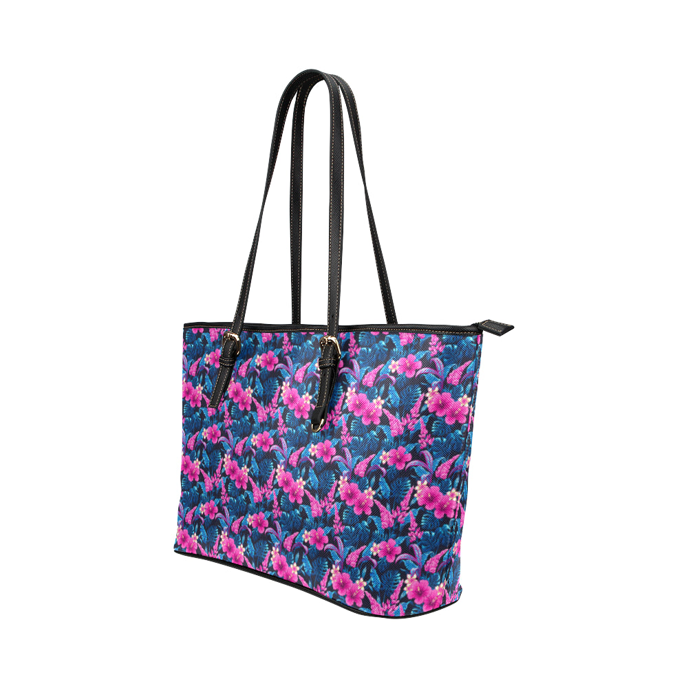 Tropical Folower Pink Themed Print Leather Tote Bag