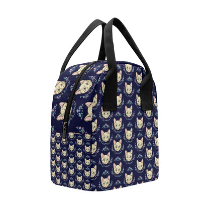 Cat Head with flower Print Pattern Insulated Lunch Bag