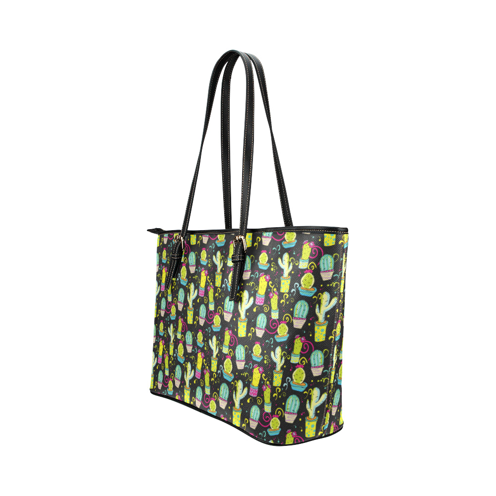 Cactus Neon Style Print Pattern Leather Tote Bag
