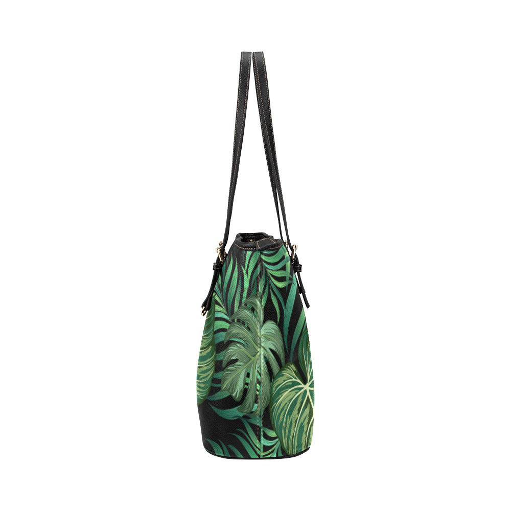 Green Fresh Tropical Palm Leaves Leather Tote Bag