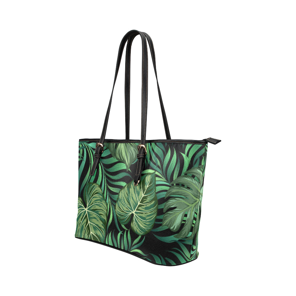 Green Fresh Tropical Palm Leaves Leather Tote Bag