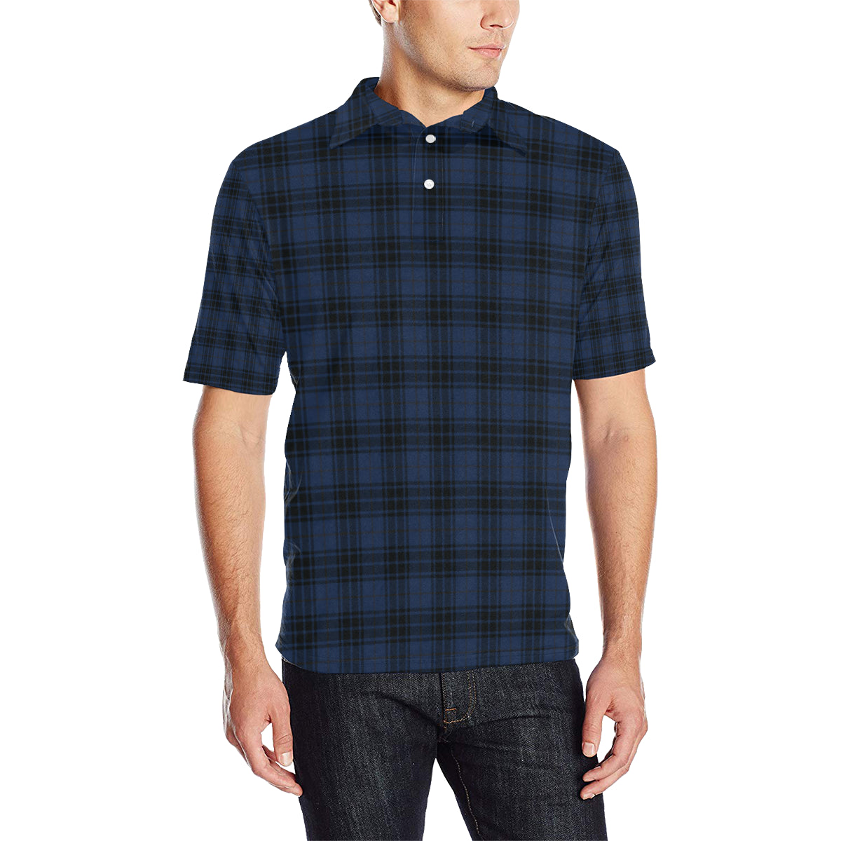 Navy Blue Tartan Plaid Pattern Men Polo Shirt