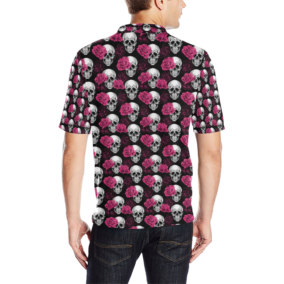 Pink Rose Skull Themed Print Men Polo Shirt