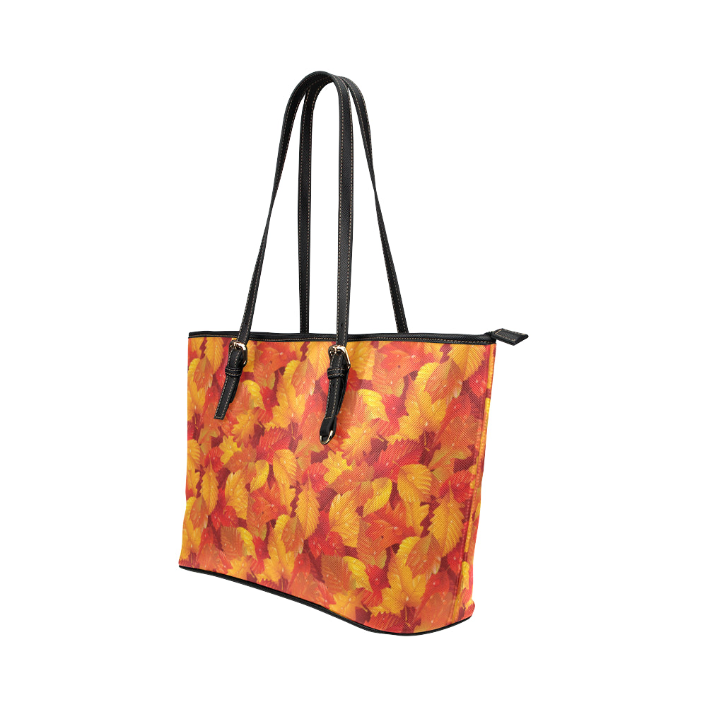 Elm Leave Autum Print Pattern Leather Tote Bag