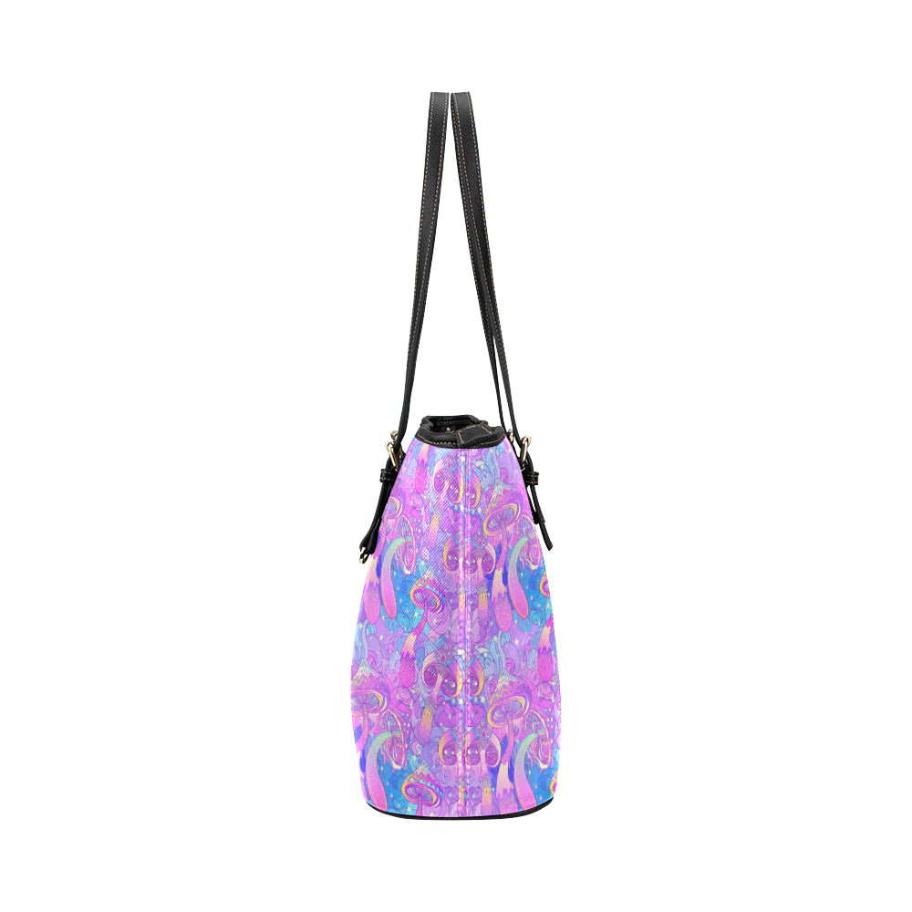 Psychedelic Trippy Mushroom Print Leather Tote Bag