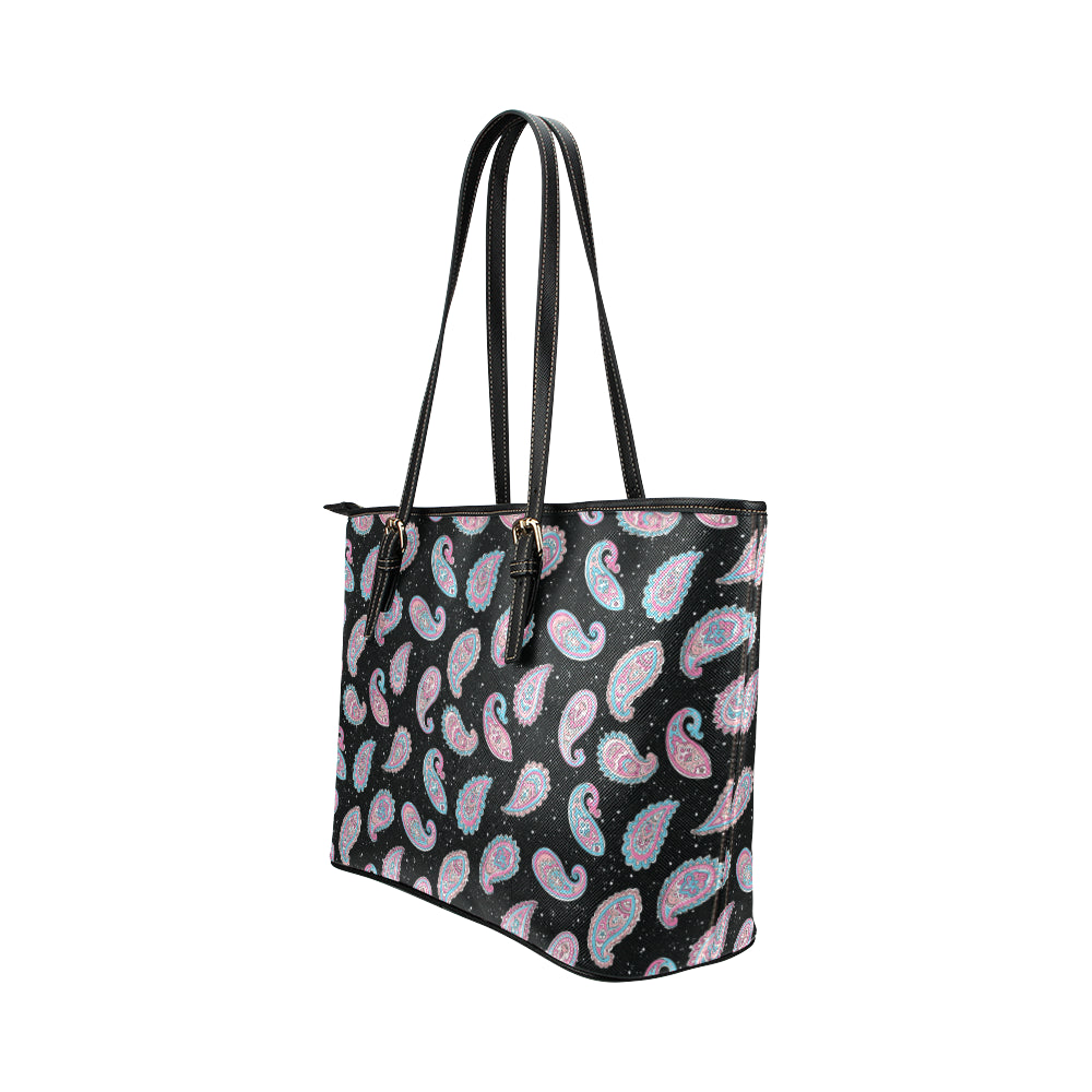 Paisley Pink Design Mandala Print Leather Tote Bag