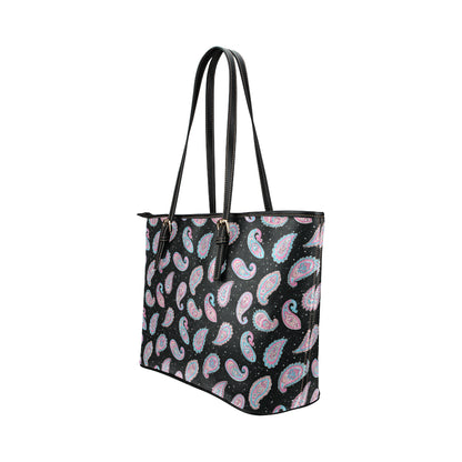 Paisley Pink Design Mandala Print Leather Tote Bag