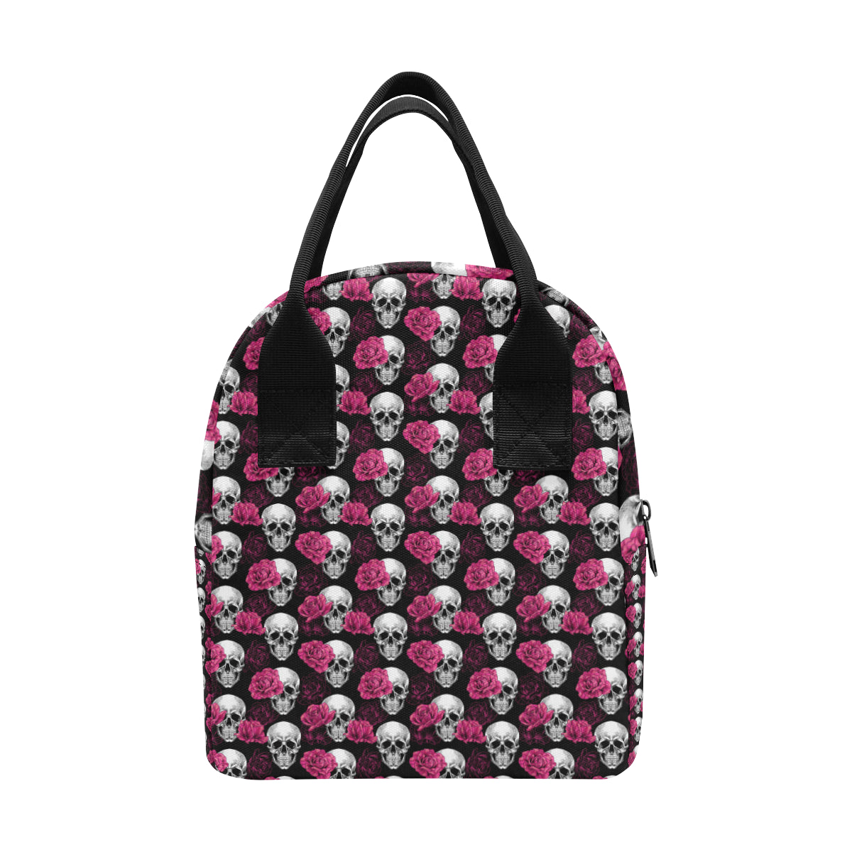 Pink Rose Skull Themed Print Insulated Lunch Bag