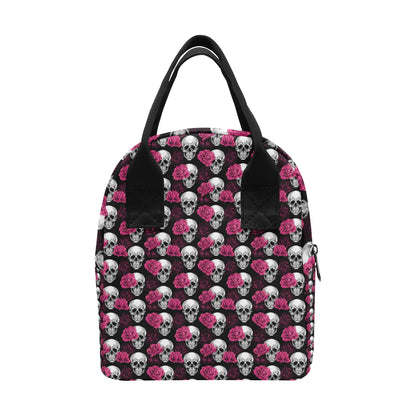 Pink Rose Skull Themed Print Insulated Lunch Bag