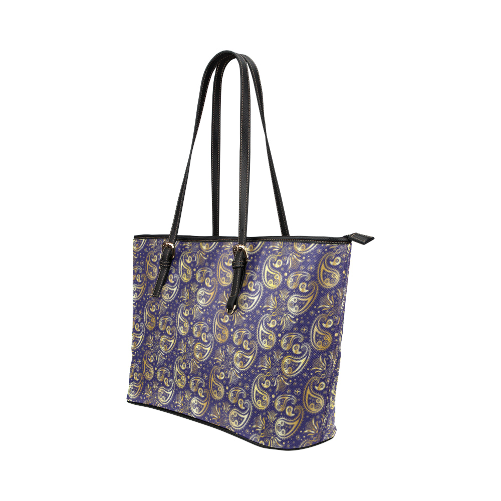 Paisley Blue Yellow Design Print Leather Tote Bag
