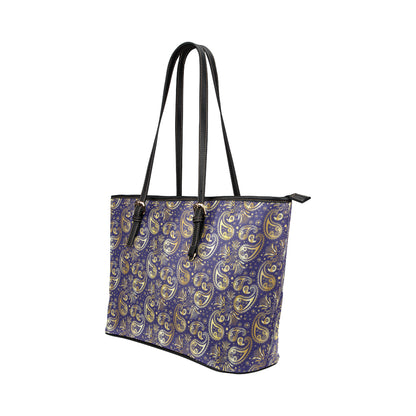 Paisley Blue Yellow Design Print Leather Tote Bag