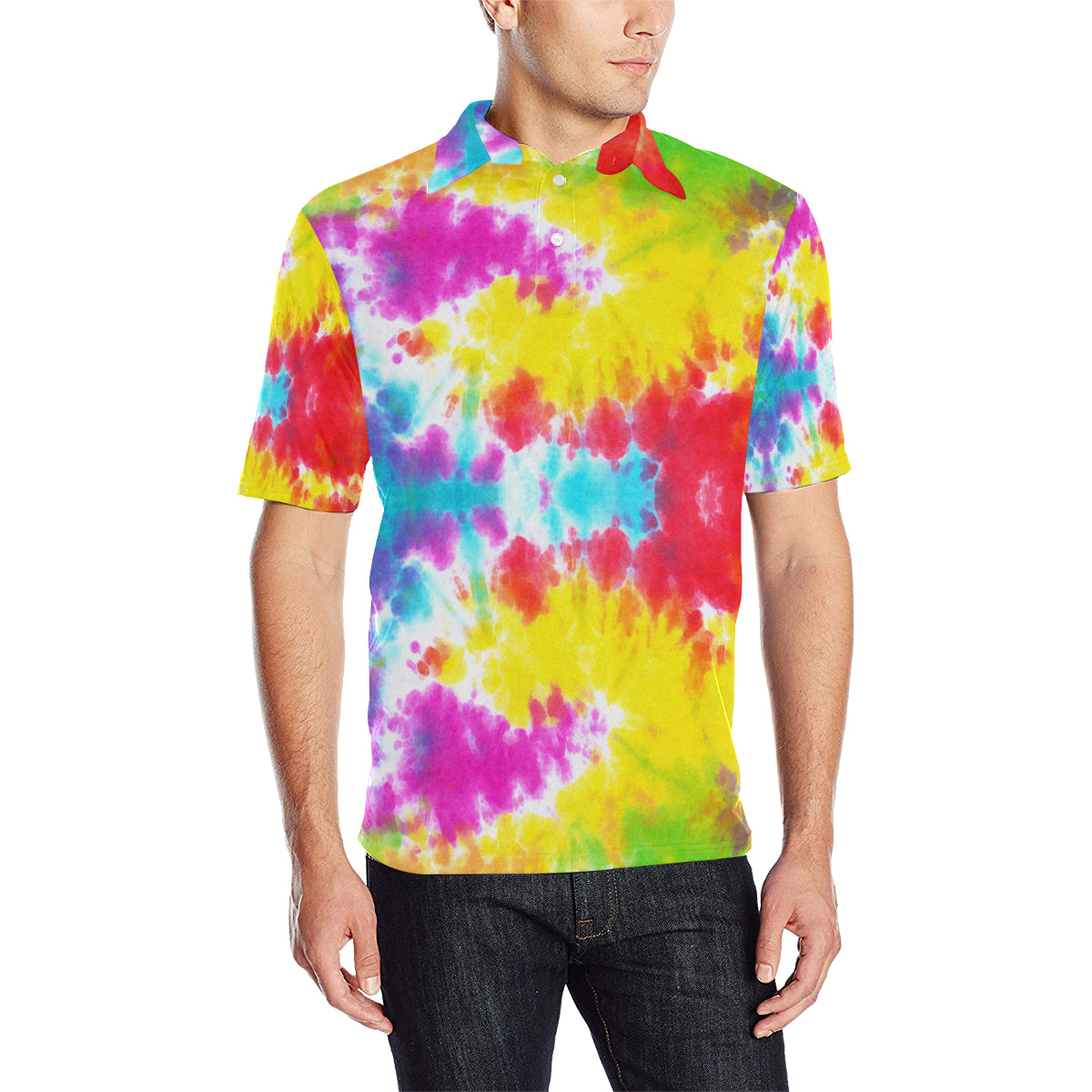 Tie Dye Rainbow Themed Print Men Polo Shirt