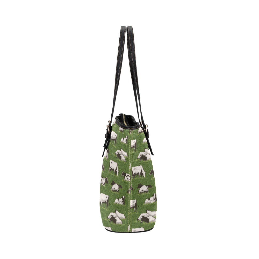 Cow on Grass Print Pattern Leather Tote Bag