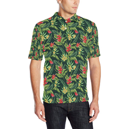 Tropical Folower Red Heliconia Print Men Polo Shirt