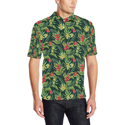 Tropical Folower Red Heliconia Print Men Polo Shirt