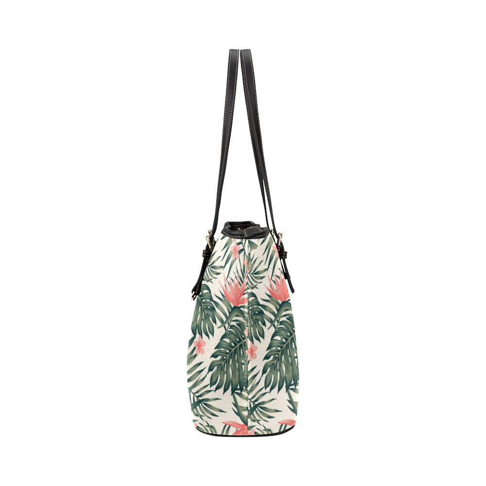 Tropical Flower Palm Leaves Leather Tote Bag