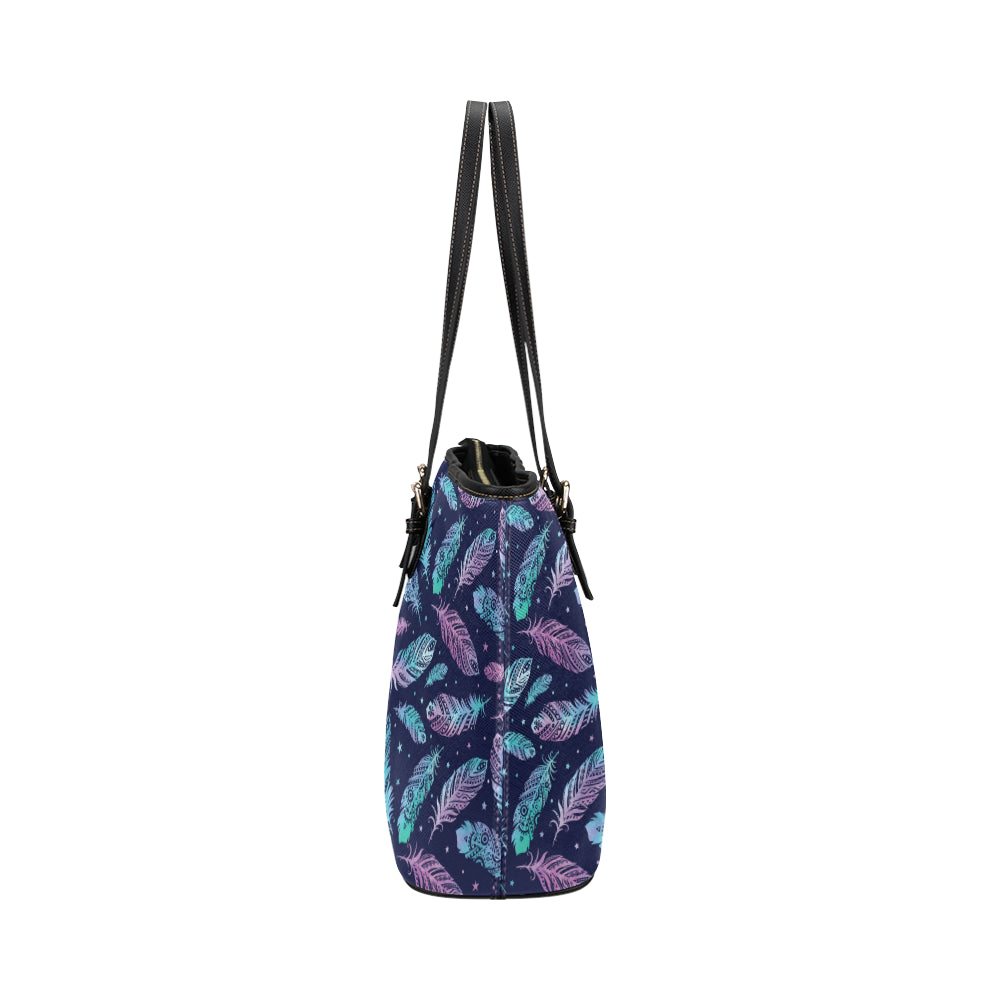 Feather Aztec Design Print Leather Tote Bag