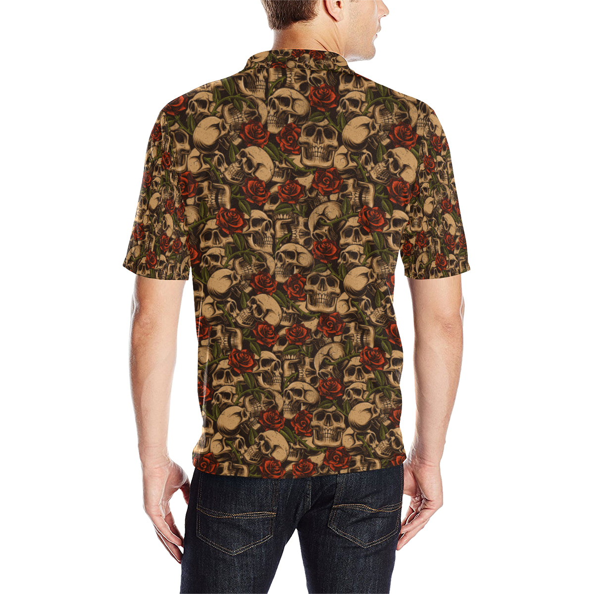 Skull Roses Vintage Design Themed Print Men Polo Shirt