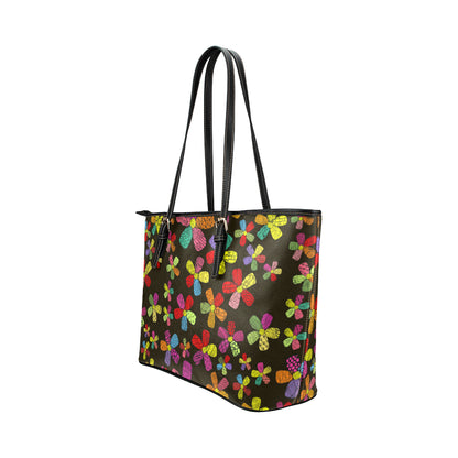 Flower Power Colorful Print Pattern Leather Tote Bag
