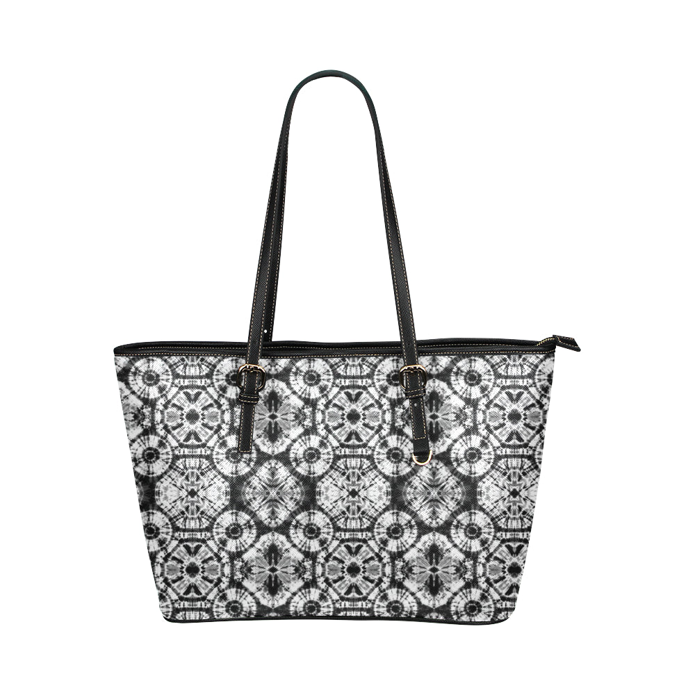 Tie Dye Black White Design Print Leather Tote Bag