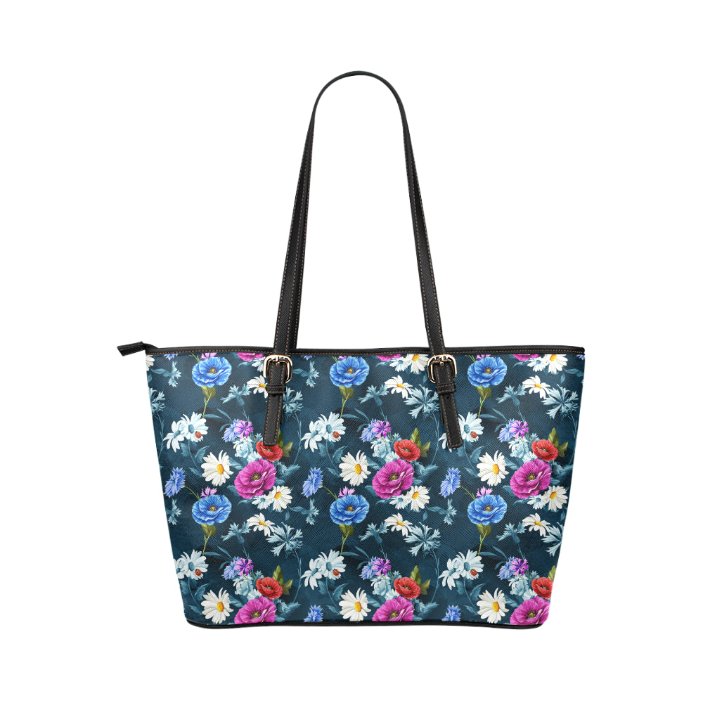 Floral Blue Themed Print Leather Tote Bag