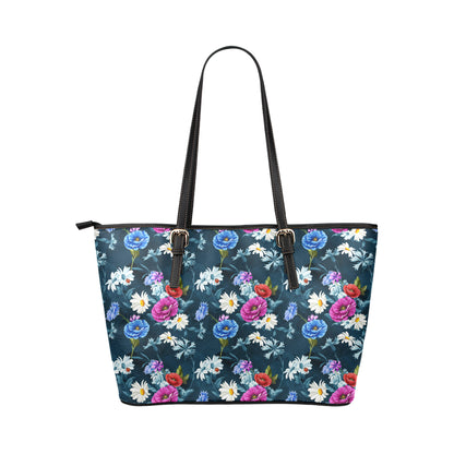Floral Blue Themed Print Leather Tote Bag