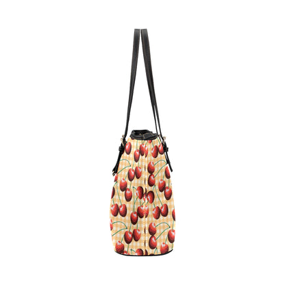 Cherry Orange Plaid Print Leather Tote Bag