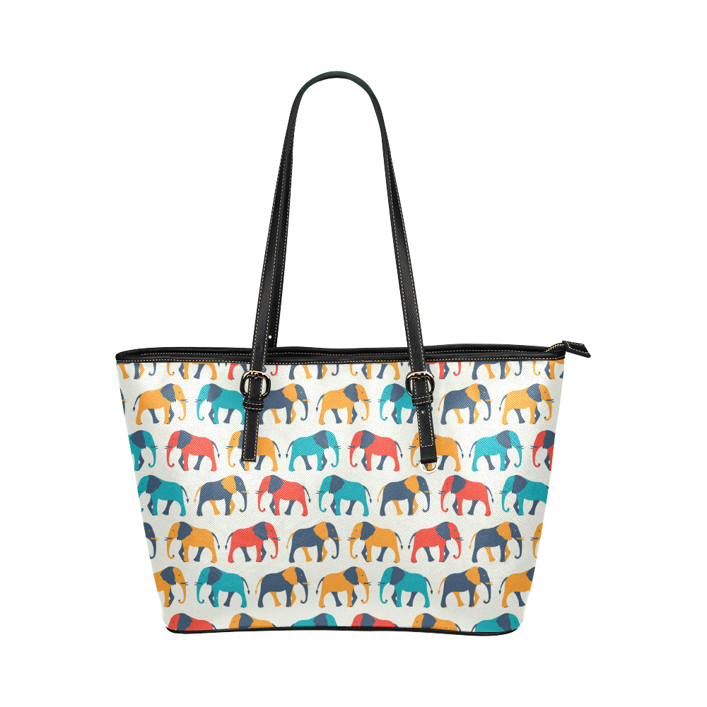 Elephant Colorful Print Pattern Leather Tote Bag
