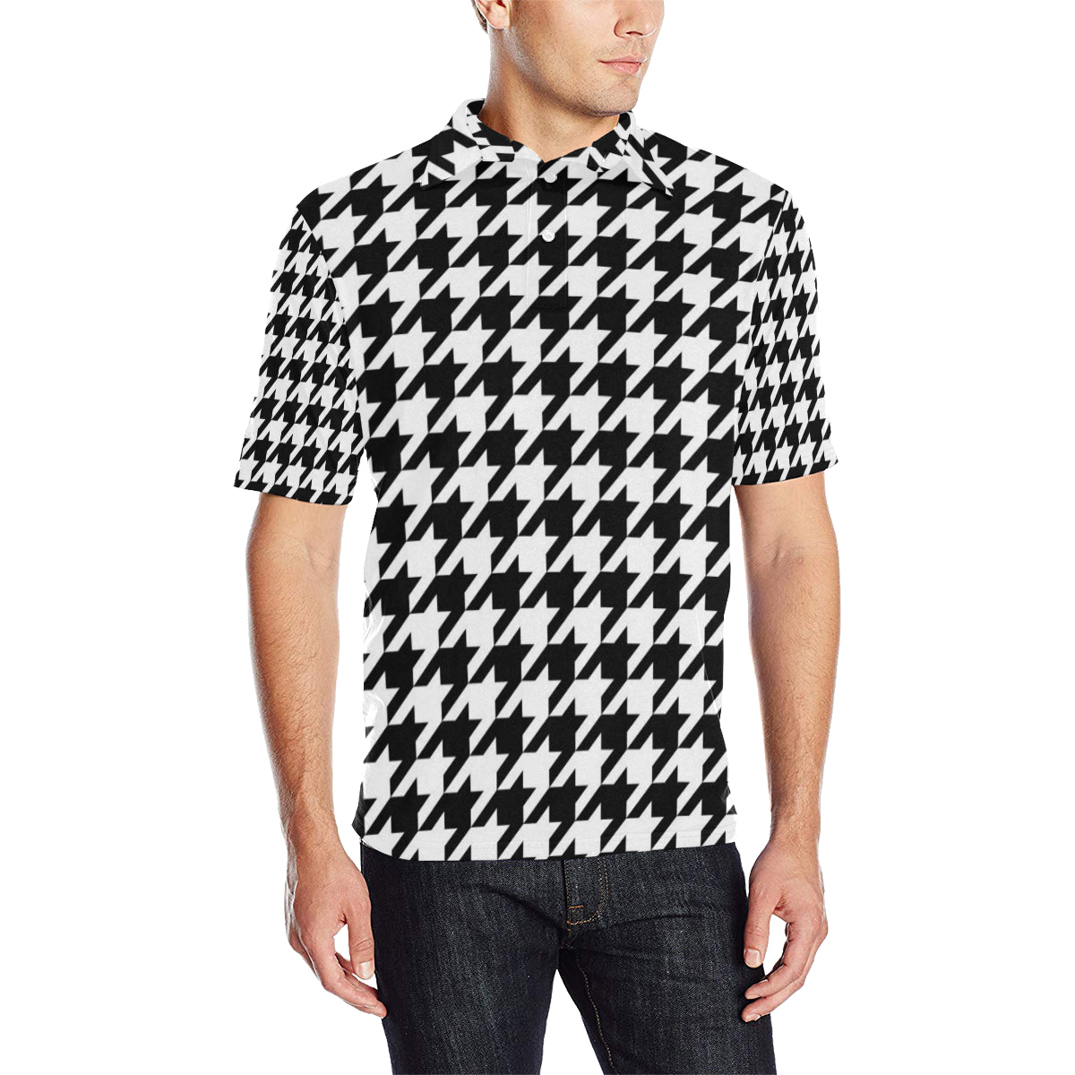 Houndstooth Black White  Pattern Print Design 05 Men Polo Shirt