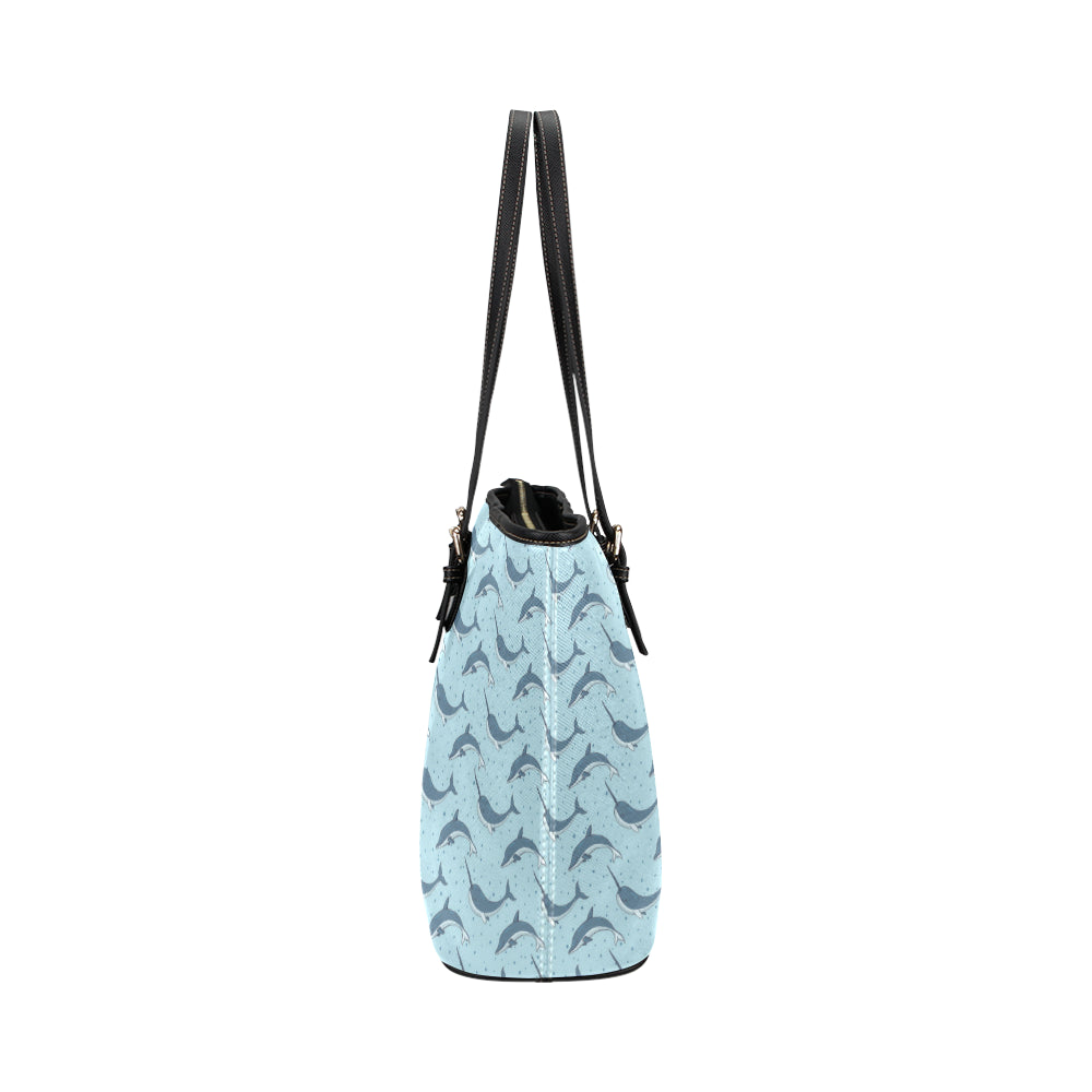 Narwhal Dolphin Print Leather Tote Bag