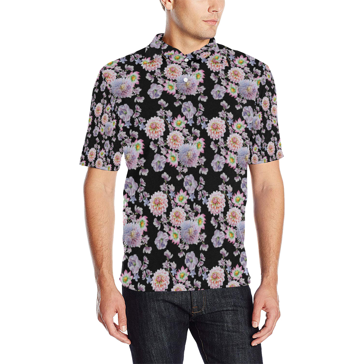 Dahlia Pattern Print Design DH012 Men Polo Shirt