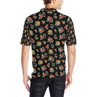 Hawaiian Flower Themed Print Men Polo Shirt