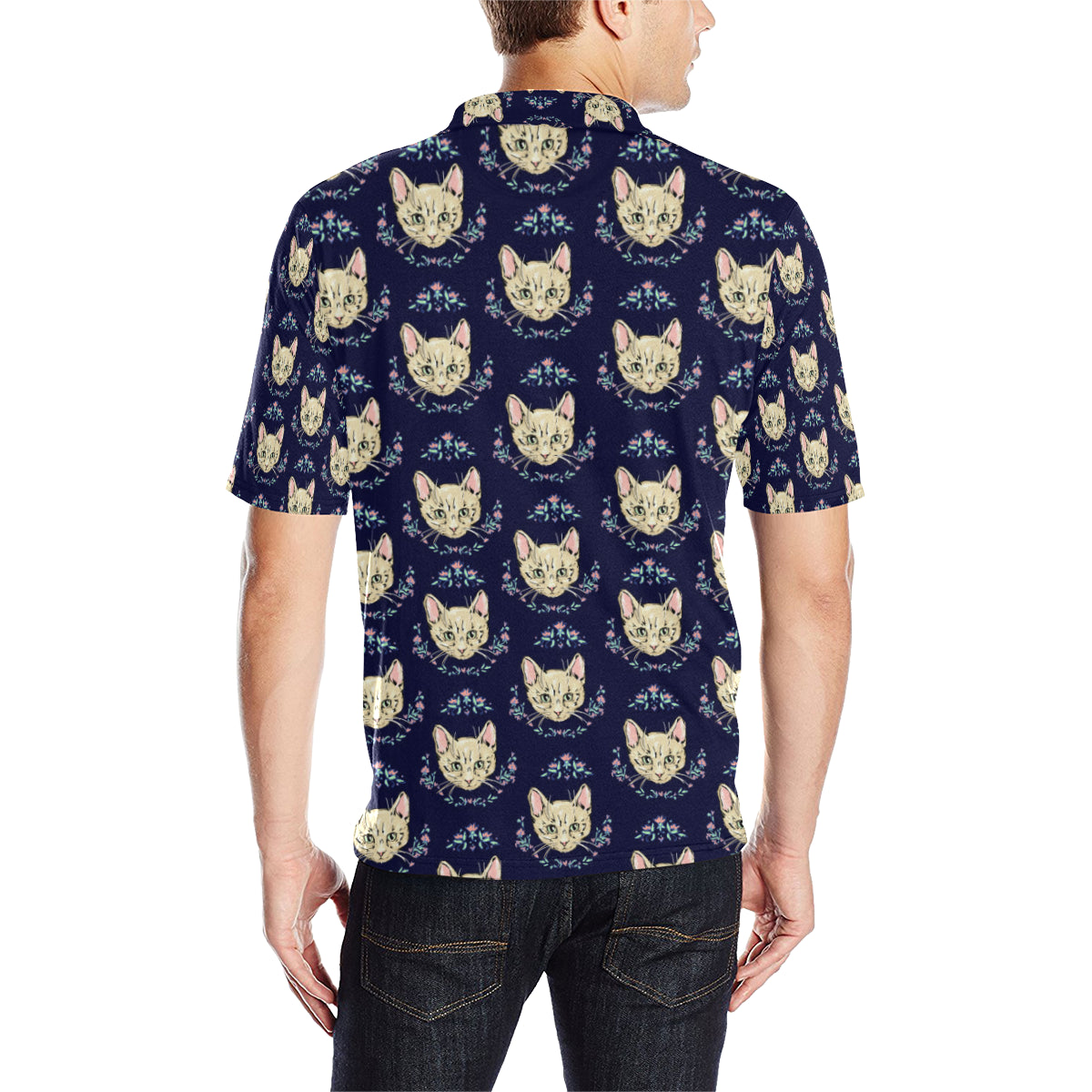 Cat Head with flower Print Pattern Men Polo Shirt