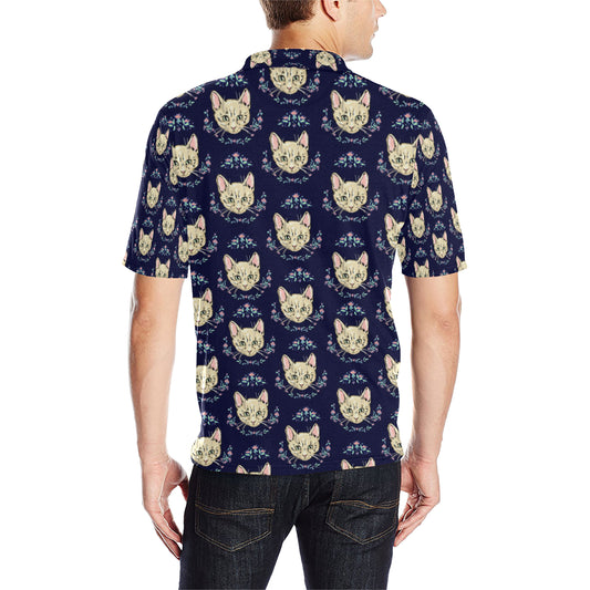 Cat Head with flower Print Pattern Men Polo Shirt