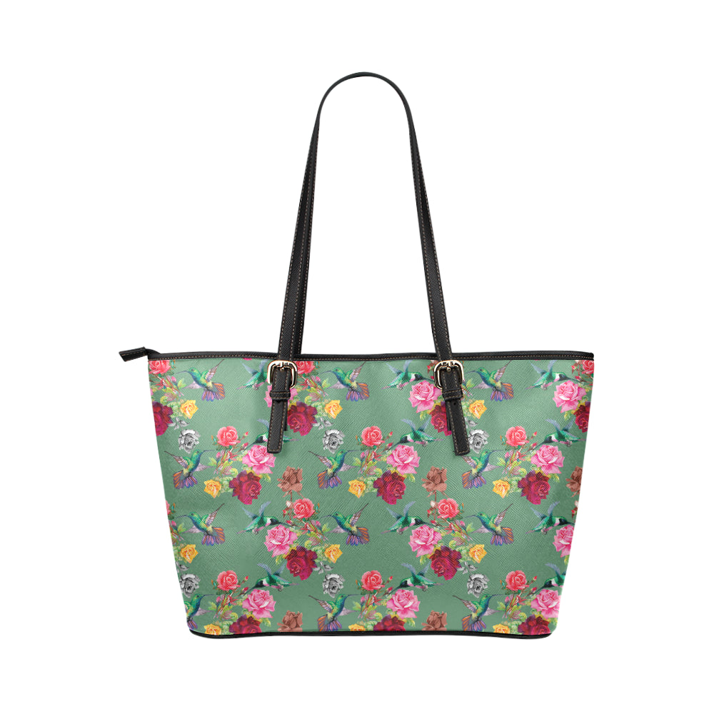 Hummingbird with Rose Themed Print Leather Tote Bag