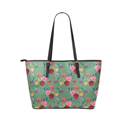 Hummingbird with Rose Themed Print Leather Tote Bag